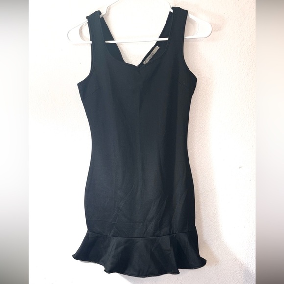Lucky Lady Black Tight Mini Dress with Ruffled Hem, V Neckline - Picture 2 of 7